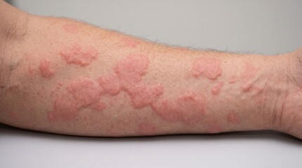 Fototapeta premium Severe allergic hives and urticaria red welts on arm