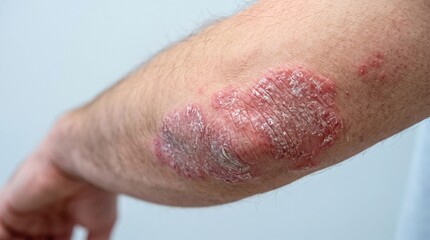 Fototapeta premium Patient showing thick scaly plaque psoriasis patch on elbow