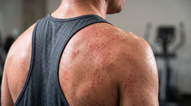 Sweaty man back with prickly heat rash in gym