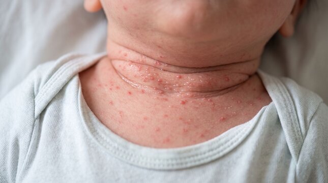 Baby neck folds with red prickly heat rash and miliaria