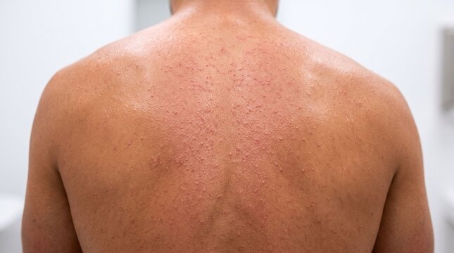 Sweaty man back with severe prickly heat rash and miliaria