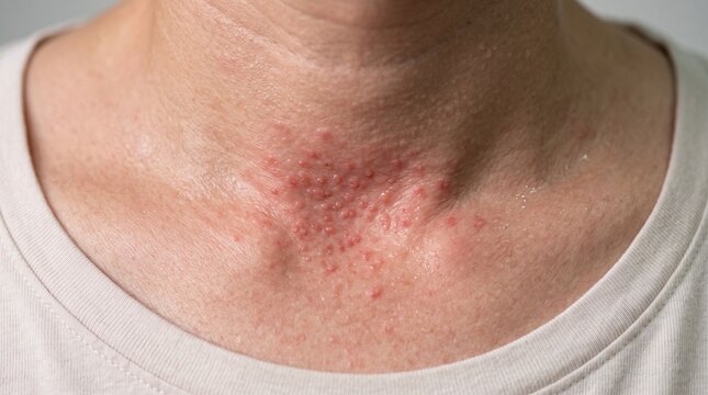 Close up of red prickly heat rash and miliaria on woman neck