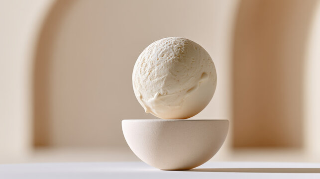Vanilla ice cream scoop balancing on a minimalist half-sphere podium, creating a modern dessert presentation with soft architectural shadows and neutral tones