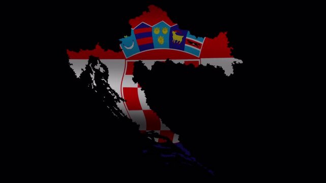 Animation of Croatia map filled with the Croatian national flag and coat of arms, with alpha channel for geography, travel, patriotic and educational projects