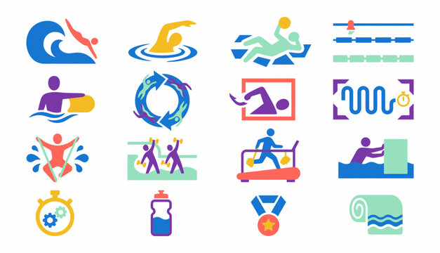 Collection of colorful flat design icons representing various water sports and athletic activities