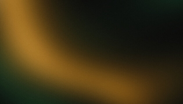 Abstract dark moody background with glowing curved golden light beam, dark olive green and charcoal shadow smooth diagonal gradient and vintage grainy noise texture