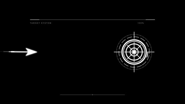 Futuristic HUD Arrow Target System Animation Interface, White Digital Crosshair on black background, Sci-fi tracking display for gaming and tech videos, futuristic, gaming, tech, overlay, aim.