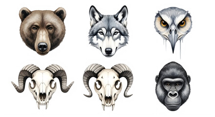 Obraz premium Six stylized animal skull icons in black and white isolated on transparent background