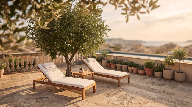 Luxury terrace with swimming pool and olive tree at sunset swimming furniture vacation lifestyle architecture relaxing sunlight mediterranean comfortable