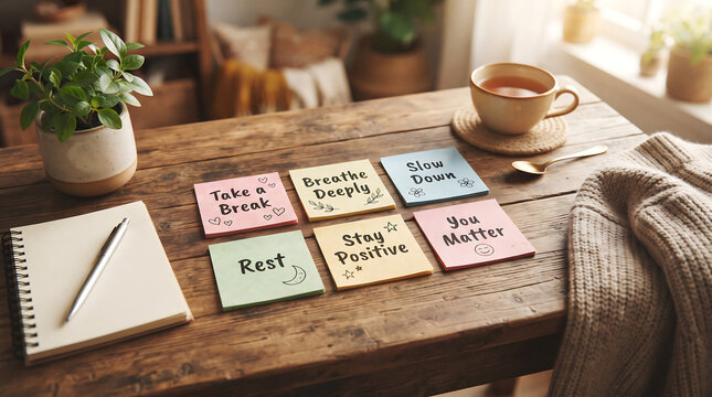 Motivational quotes on sticky notes on wooden desk with motivation positive wellness mindfulness inspiration lifestyle encouragement personal development