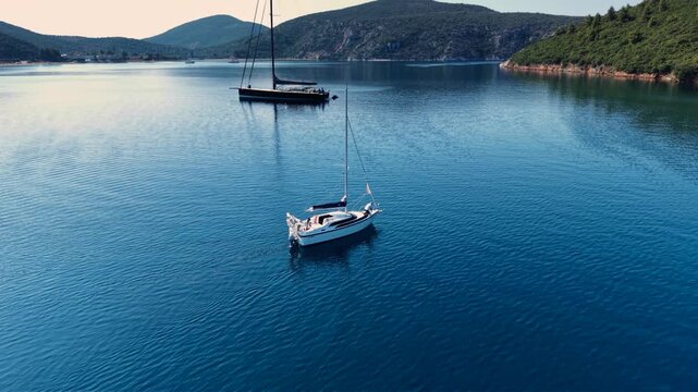 Aerial view of a large sailing yacht anchored with its tender boat in a calm sheltered bay in Sithonia, Halkidiki, Greece, surrounded by clear blue water, sandy beach and forested hills.