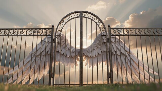 Heavenly pearly gates with white angel wings, ethereal golden light shining through iron fence, spiritual entrance to afterlife