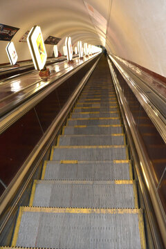KIEV UKRAINE: Travelling stairs of the deepest station in the world, Arsenalna in Kiev Metro, or Kyiv Metro is a metro system that is the mainstay of Kiev's public transport.