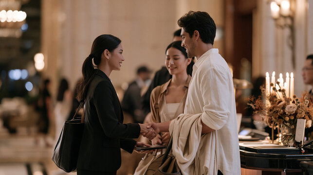 A hotel customer greeter and a newly arrived couple share a warm candlelit lobby moment, the atmospheric glow of evening entrance lighting illuminating their genuine welcoming