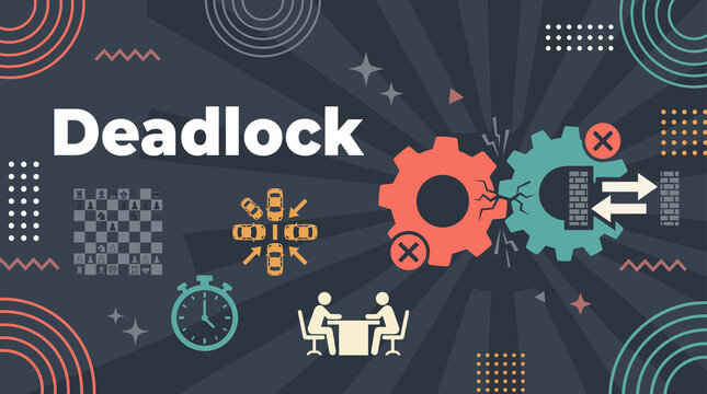 Deadlock concept banner with broken gears, chessboard, traffic jam, stopwatch, and negotiation illustration