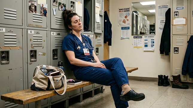 Nurse End Long Shift Locker Room Exhausted Authentic Healthcare Worker Real