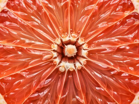 Macro close-up of fresh grapefruit slice showing vibrant red citrus pulp texture