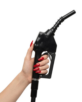Hand holding a black fuel nozzle isolated on white background