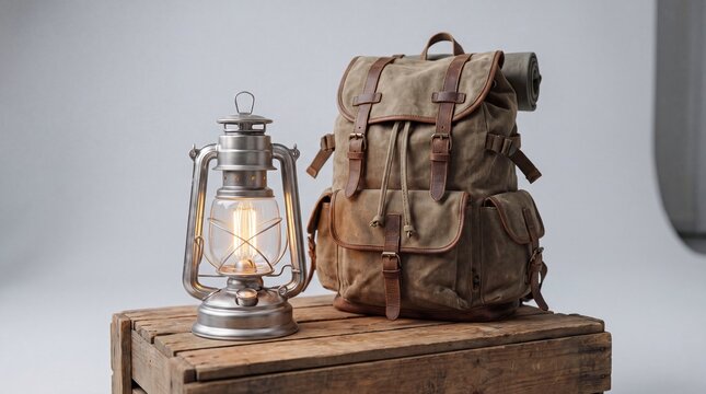 Vintage camping lantern and military backpack on wooden block for outdoor adventure gear display