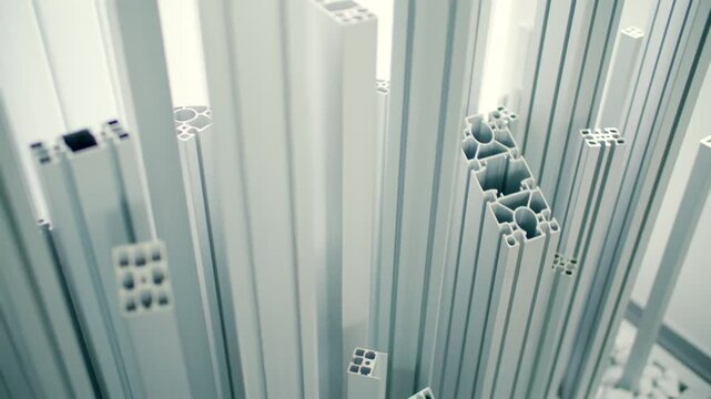Silver aluminum extrusion profiles standing upright in industrial