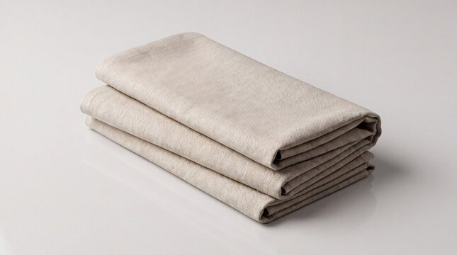 Stack of three folded beige linen napkins on white minimalist background for elegant table setting