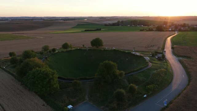 Aerial view of lochnagar mine crater at sunset in somme france