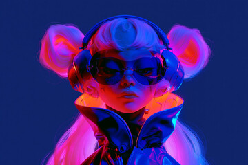 Naklejka premium Futuristic Woman Wearing Neon Headphones and Sunglasses