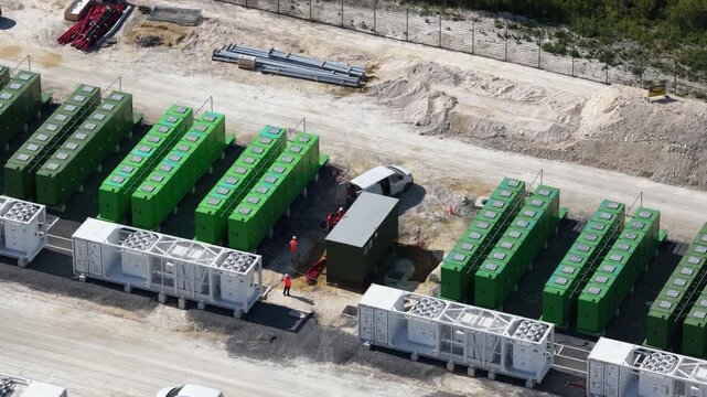 Industrial workers installing large battery energy storage system units