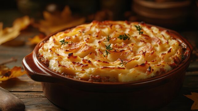 Meat and vegetable dish topped with mashed potatoes and baked