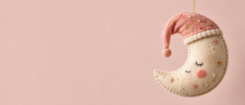 Adorable felt sleeping moon with pink cap hanging against a soft pink background, ideal for baby-related banner format