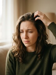 Fototapeta premium Distressed young adult woman touching head and scratching scalp. Female experiencing headache or itchy skin condition indoors. Mental health and stress concept
