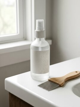 Frosted glass spray bottle with blank label and metal lice comb on bathroom counter. Natural hair care treatment product mockup. Copy space for text