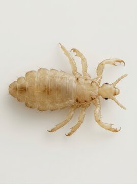 Vertical microscopic photograph of a parasitic louse isolated on white. High magnification view of head lice anatomy showing translucent segmented body