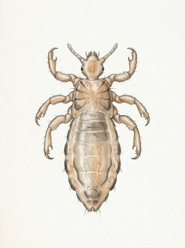 Vertical scientific illustration of a parasitic louse on a white background. Detailed anatomical drawing of head lice insect with claws and segmented body