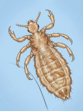 Vertical scientific illustration of a parasitic louse clinging to a hair strand. Detailed anatomical drawing of head lice on a blue background