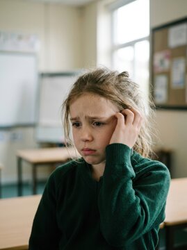 Sad young girl scratching her itchy head in a classroom. Worried school child with scalp discomfort or head lice concern