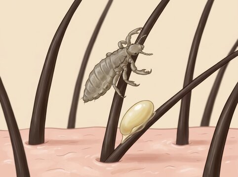 Vector illustration of a head louse and nit egg on hair strands. Life cycle of pediculosis parasite. Educational medical diagram
