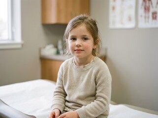 Fototapeta premium Young girl sitting on examination table during medical consultation. Child patient at pediatrician office for health checkup. Healthcare and wellness concept