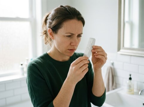 Concerned mother examining a fine tooth comb in the bathroom. Caregiver inspecting comb for head lice or nits. Health and hygiene treatment concept