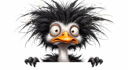 Fototapeta premium Funny cartoon ostrich character with messy crazy black hair and big round eyes peeking over a blank white banner or sign.