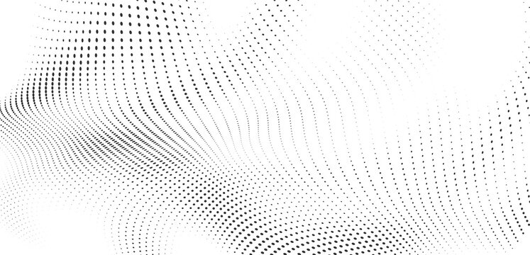 Abstract black halftone wave background with flowing curved dots and futuristic digital surface texture