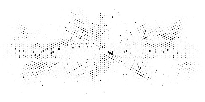 Abstract black halftone wave background with scattered dots and dynamic flowing particle pattern