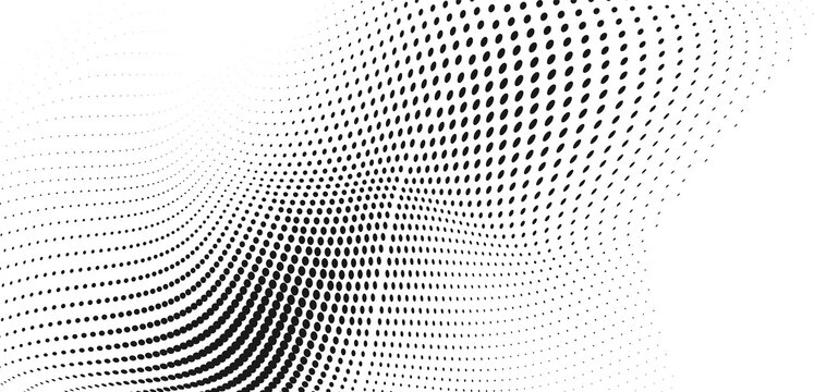 Black halftone wave background with dense oval dots and flowing three dimensional abstract texture