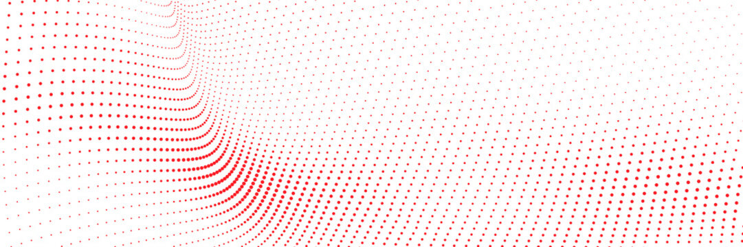 Red halftone wave background with flowing dotted curves and fading abstract digital particle effect