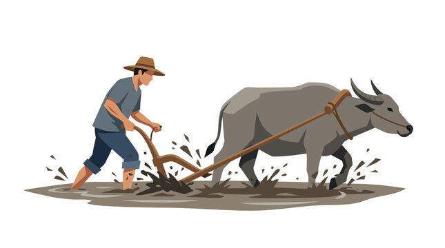Farmer plowing field with water buffalo agricultural work