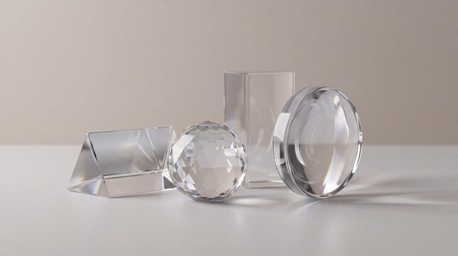 Abstract glass shapes with light refraction and geometric crystal prisms on white surface.