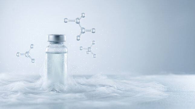 A glass serum vial surrounded by cryogenic vapor and floating chemical molecular structures.