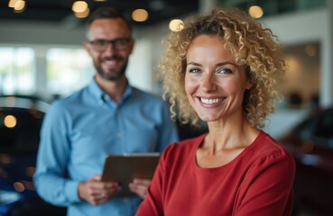 Fototapeta premium Happy female auto dealer, male colleague smile in modern car showroom. Pro consultant woman with curly blonde hair wears red shirt. Blurred man advisor holds tablet device in background. Bright