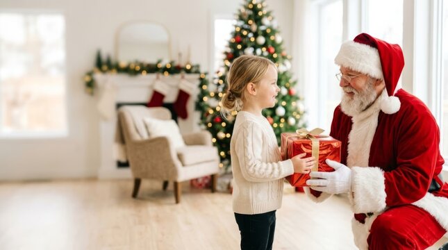 Santa Claus gives a Christmas gift to a happy child in a festive living room, creating a magical holiday moment.