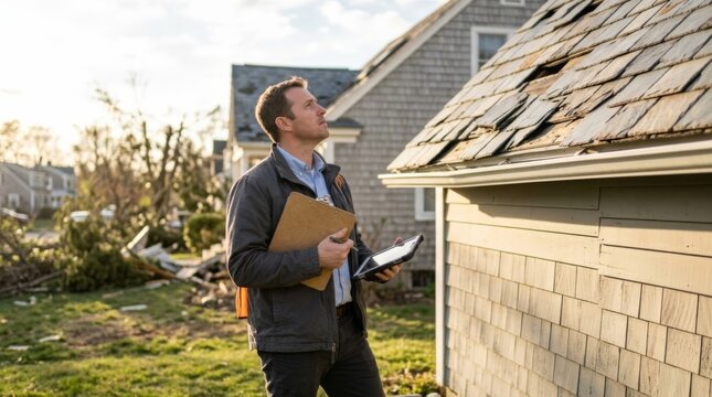 Insurance adjuster examining damaged roof shingles from ground level, holding clipboard and tablet, assessing storm damage